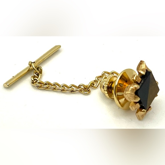 Vintage Gold Tone Banded black onyx & tiger eye stones. Tie Tack - Picture 7 of 8